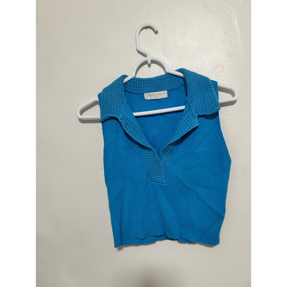 Caroline Constas Blue Ribbed Knit Sleeveless Crochet Collar‎ Polo Top